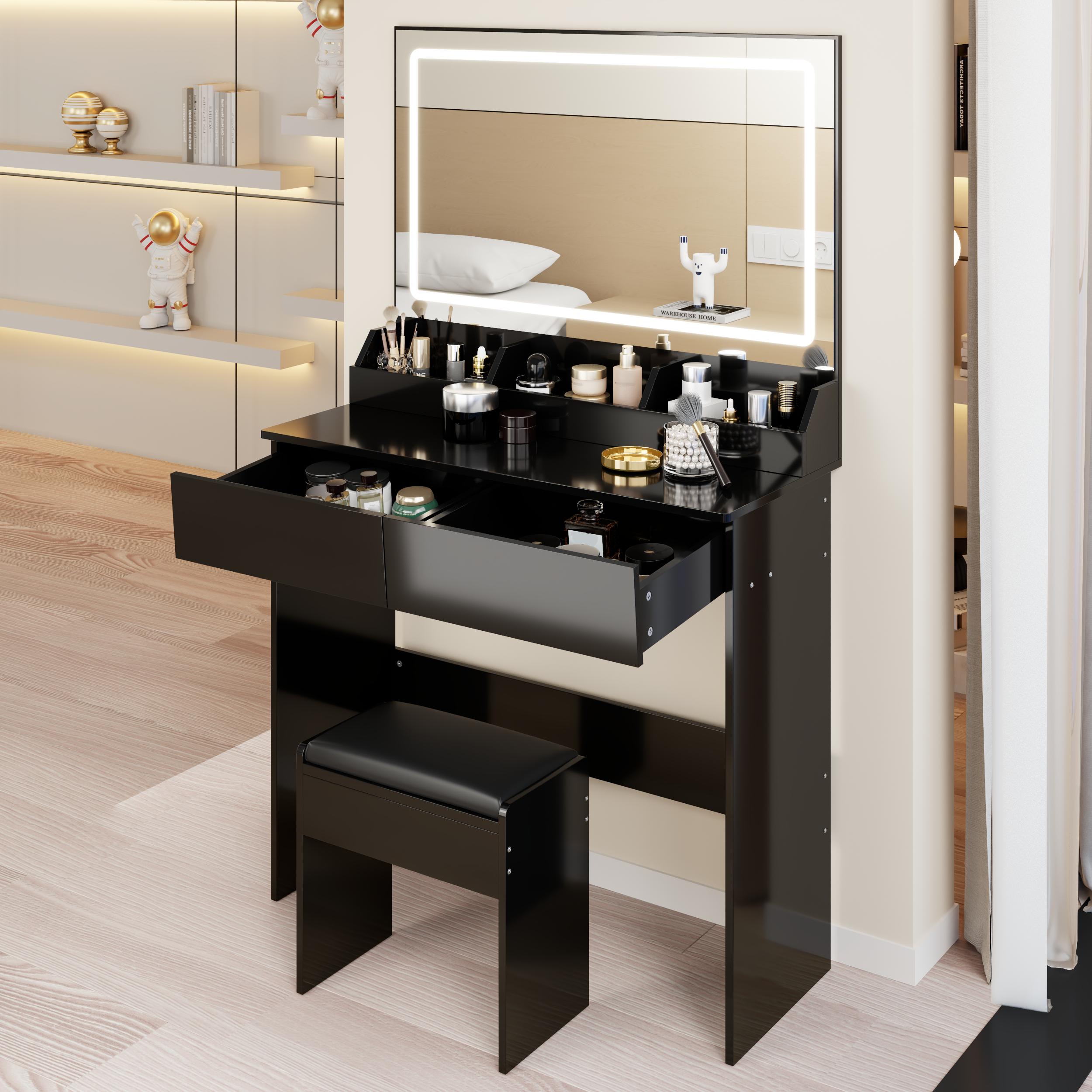 31" x 20" Extra Large LED Mirror Makeup Vanity Table + Soft Cushion Stool Suit, Touch Switch, 3 colors, Adjustable Brightness, Large Capacity Storage, Compact Dressing Table Suitable For Small Space