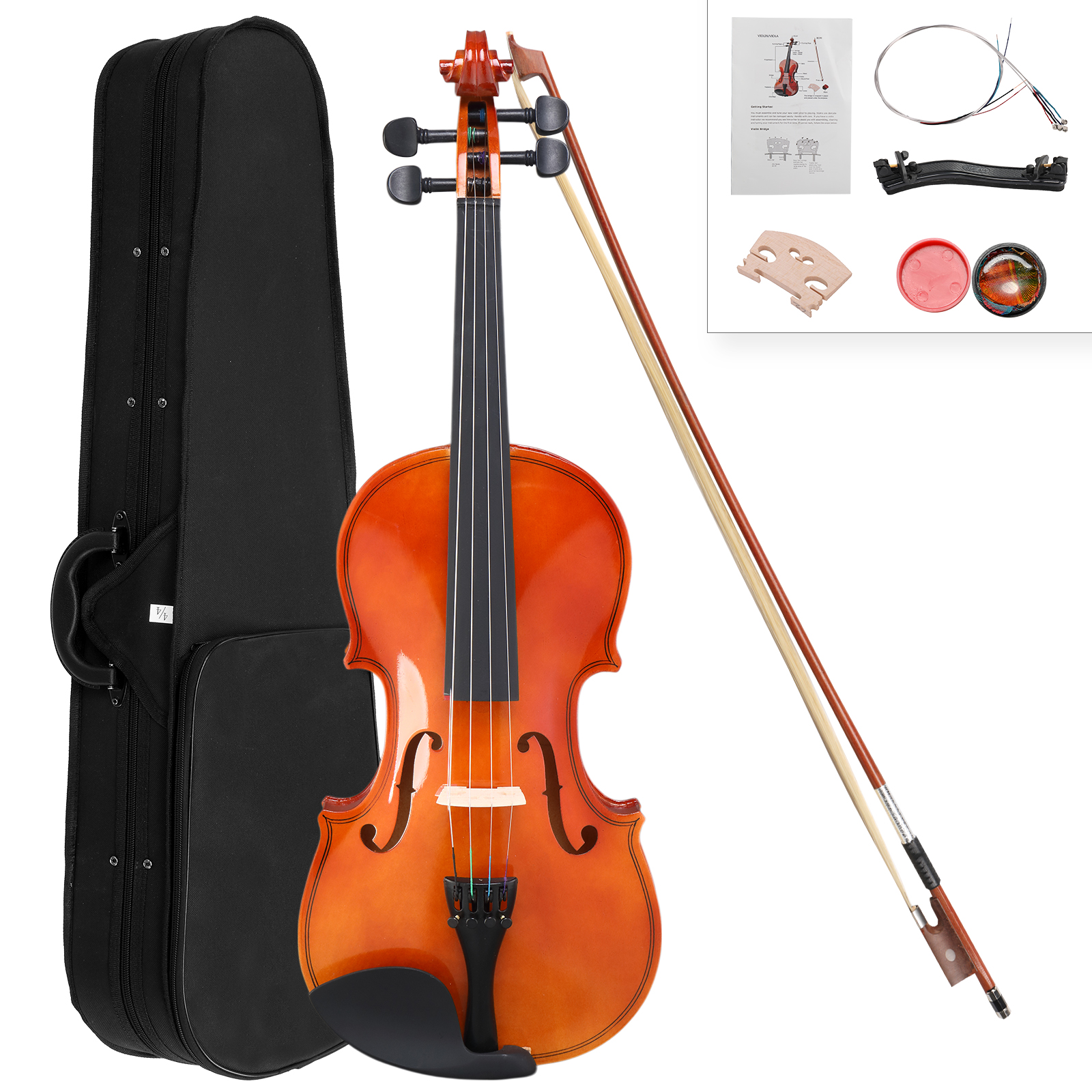 GV100 4/4 Acoustic Violin Case Bow Rosin Strings Tuner Shoulder Rest Natural