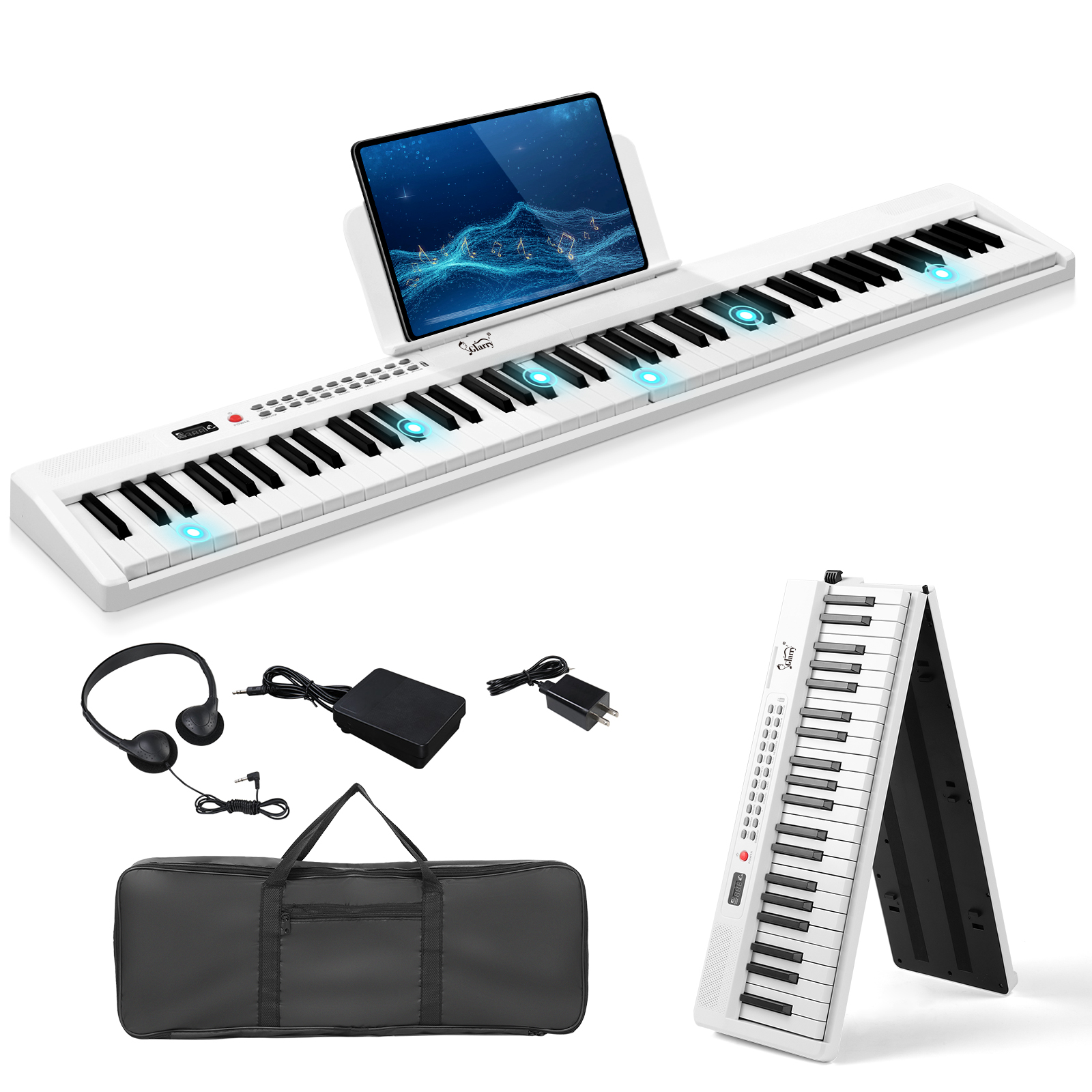 GPP-106 88 Key Folding Piano Semi-Weighted Standard Keyboards Digital Piano with MIDI Bluetooth, Handbag，Headphone，for Piano Lover White color